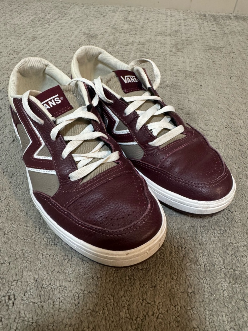 Vans Lowland Burgundy and White Low-Top Leather Sneakers. Women 7.5/Men 6